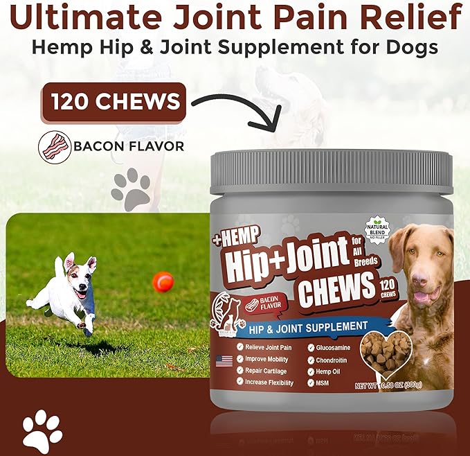 2-Pack Dog Pain Relief Hip and Joint Supplements | Glucosamine for Dogs 600mg | Organic Hemp Seed Powder/Oil 650mg | Chondroitin, MSM, Turmeric, Vitamins C & E+ | 240 Bacon Mobility Supplements