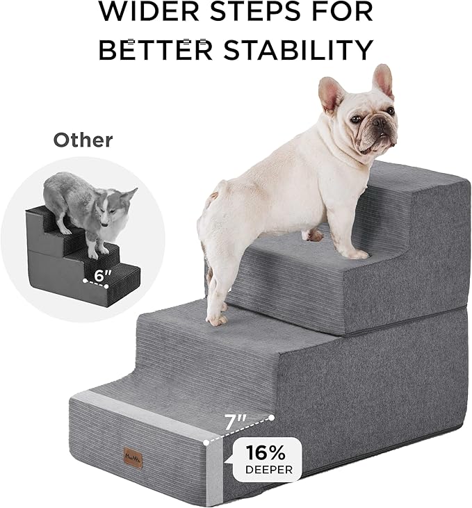 Made4Pets Dog Stairs for Small Dogs, Extra Wide Dog Steps for Bed Couch Sofa and Chair, 35D Foam Pet Steps for Small Dogs and Cats, Non-Slip Bottom Pet Stairs, Grey, 3 Steps