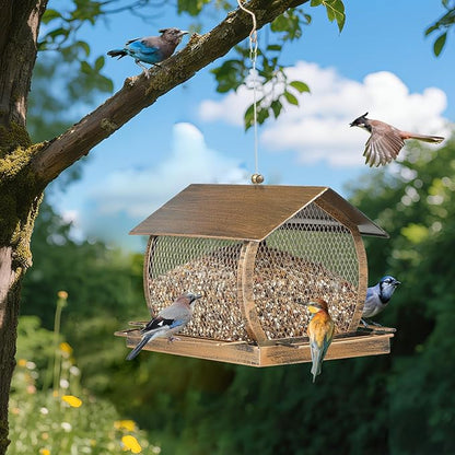 Bird Feeder for Outdoors, Wild Finch Birds Feeders Sparrow Feeder, Metal Birdfeeder Outside Hanging with Lid Fixing Buckle, 2Lbs Capacity