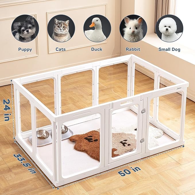 Acrylic Dog Playpen Indoor, 24 H Plastic Pet Playpen with Door, Clear Pet Play Pen for Puppy Cat Rabbit Ferret, Easy Assemble Dog Pen, Preferable for Small Cage, White 10 PCS