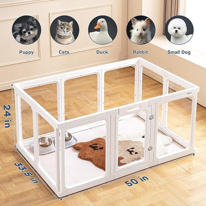 Acrylic Dog Playpen Indoor, 24 H Plastic Pet Playpen with Door, Clear Pet Play Pen for Puppy Cat Rabbit Ferret, Easy Assemble Dog Pen, Preferable for Small Cage, White 10 PCS