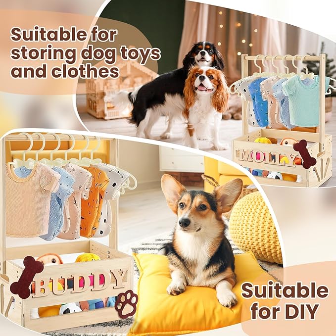 20" x 13" x 9" Wooden Pet Wardrobe Closet Crate Box with Hanging Rods and Personalized Pet Alphabet Letters Easy Assembly Baskets for Dog Cat Toys Clothes Accessories(Wood)