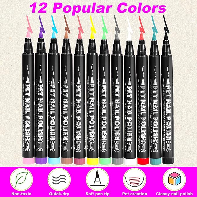 Quick Dry Dog Nail Polish Pens 12 Colors,Pet Safe and Non-Toxic Nail Polish Easy Application for Dogs, Cats, and Small Pets Nail Accessories