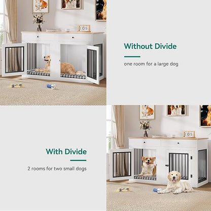 YITAHOME 60" Wooden Dog Crate Furniture with Removable Divider & Storage Drawers, Double Door Kennel with Locks for Medium and Large Dogs, Multi-Functional Dog Crate End Table for Indoor use, White