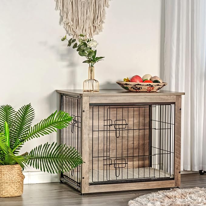 DWANTON Dog Crate Furniture with Cushion, Wooden Dog Crate with Double Doors, Dog Furniture, Dog Kennel Indoor for Small/Medium/Large Dogï¼_nd Table, Small, 27.2" L, Greige