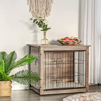 DWANTON Dog Crate Furniture with Cushion, Wooden Dog Crate with Double Doors, Dog Furniture, Dog Kennel Indoor for Small/Medium/Large Dogï¼_nd Table, Small, 27.2" L, Greige