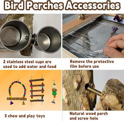 kathson Parrot Play Stand Parakeet Playground Bird Jungle Gym Wood Conure Playstand Hanging Chewing Toys with Swings and Feeder Cups Bird Cage Accessories for Cockatiel Lovebirds Budgie