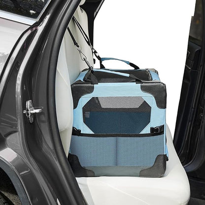 JOYTUTUS Collapsible Dog Crate, 20 Inch Portable Pet Crate for Car, Travel Foldable Crate for Puppy/Small Dog 18 lbs, Soft Cat Carrier Fit for Indoor & Outdoor/Car Back Seat/Trunk (Blue)