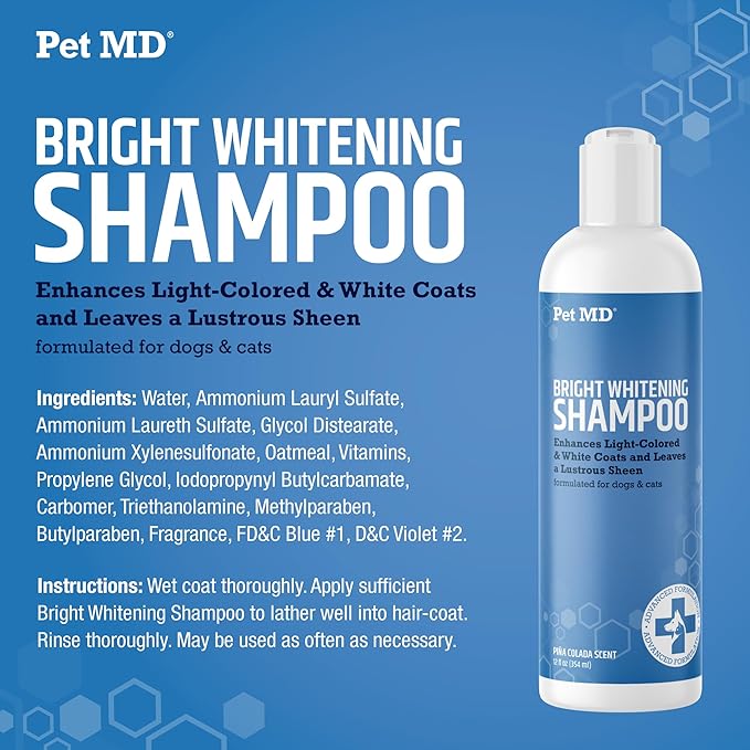 Pet MD Bright Whitening Shampoo for Dogs & Cats - Tearless Protein Enriched Shampoo w/Oatmeal for Brightening White & Light Colored Coats - Cleans, Adds Luster, & Controls Matting & Tangling - 12 oz
