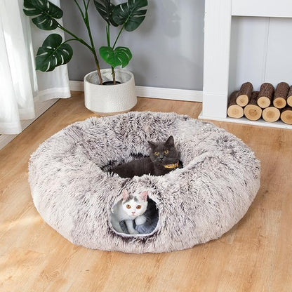LUCKITTY Warm Fluffy Plush Cat Tunnel Bed Under Christmas Tree Big Tube Playground Toys 3 FT Diameter Longer Crinkle Collapsible 3 Way, for Indoor Cat Kitty Kitten Puppy Rabbit Ferret Brown