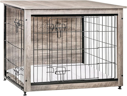 DWANTON Dog Crate Furniture with Cushion, Wooden Dog Crate with Double Doors, Dog Furniture, Indoor Dog Kennelï¼_nd Table, Medium, 32.5" L, Greige