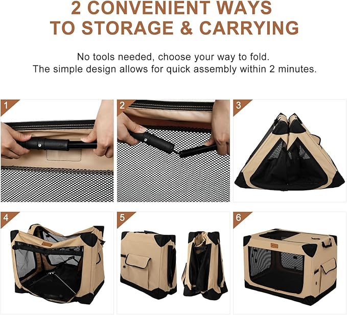 36 Inch Collapsible Soft Dog Crate for Large Dogs, 4-Door Foldable Travel Dog Kennel with Durable Mesh Windows for Indoor & Outdoor Portable Pet Crate, Soft Side Dog Crate, Beige