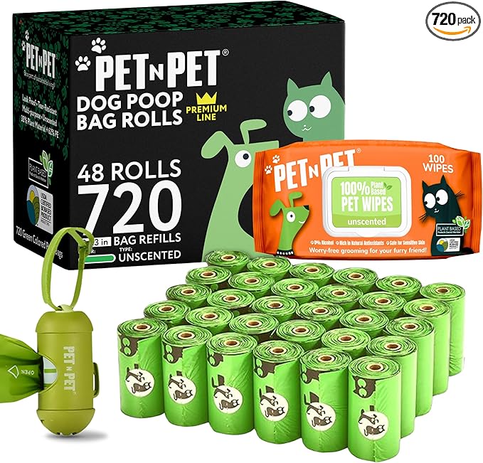 Pet N Pet 720 Counts, Unscented Dog Poop Bags Rolls, 38% Plant Based & 62% PE + 100% Plant Based Dog Wipes for Paws and Butt, 100 Counts Dog Pet Wipes, 8" x 8" Hypoallergenic Unscented Wipes