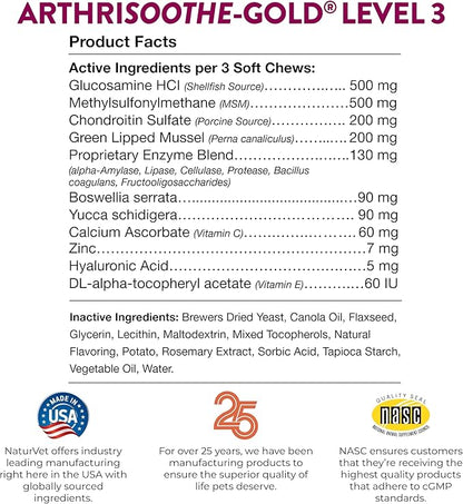 NaturVet ArthriSoothe-Gold Level 3 Advanced Joint Care for Dogs  Soft Chew Dog Supplement with Glucosamine, MSM, Chondroitin & Hyaluronic Acid  Wheat-Free Pet Supplements  180 Ct.