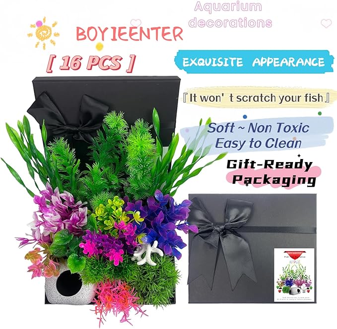 Aquarium Decorations Set, 16Pieces Artificial Plastic Plants & Smooth Fish Cave Rock, Non-Damaging Ornaments for Fish Tank with Gift Box Packaging, Goldfish & Betta Fish Tank Accessories