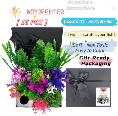Aquarium Decorations Set, 16Pieces Artificial Plastic Plants & Smooth Fish Cave Rock, Non-Damaging Ornaments for Fish Tank with Gift Box Packaging, Goldfish & Betta Fish Tank Accessories
