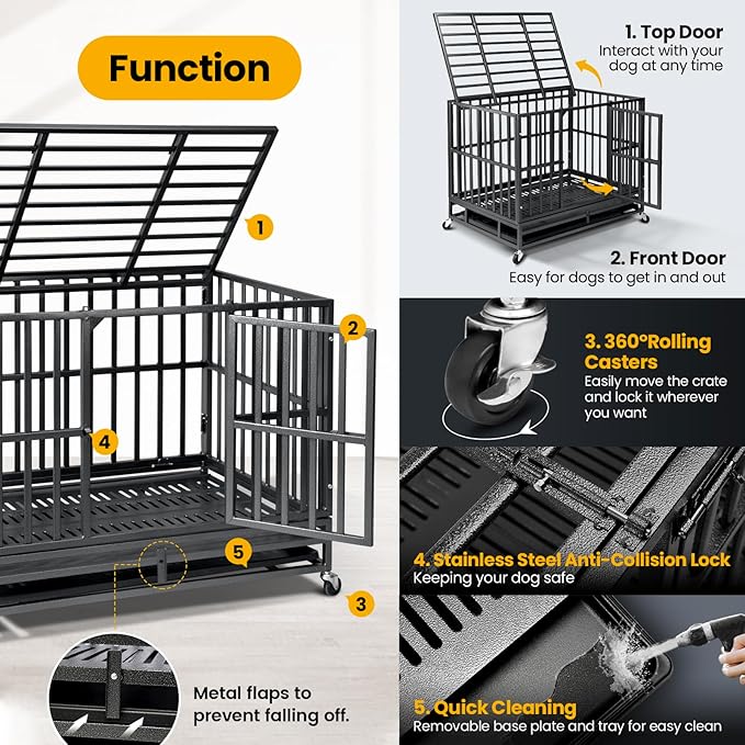38 inch Heavy Duty Indestructible Dog Crate,2025 New Upgraded Reinforced Baseplate for Large Dogs,XL Dog Kennel Indoor for High Anxiety Dogs/Max Load Capacity 200lbs/Double Door with Wheels