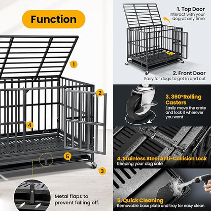 38 inch Heavy Duty Indestructible Dog Crate,2025 New Upgraded Reinforced Baseplate for Large Dogs,XL Dog Kennel Indoor for High Anxiety Dogs/Max Load Capacity 200lbs/Double Door with Wheels
