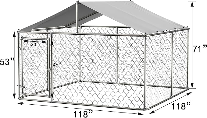 9.8' Outdoor Dog Cage with Waterproof UV-Resistant Cover,Large Metal Galvanized Rustproof Outdoor Puppy Fence W/Security Door,Heavy Duty Kennel for Farm & Garden,Silver