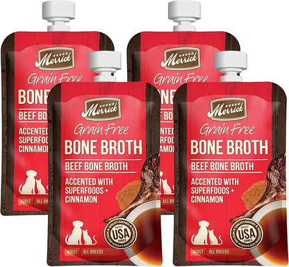 Merrick Grain Free Bone Broth, Premium Human Grade And Gluten Free Dog And Cat Food Topper Pouches, Beef - 7 oz. Pouch (Pack of 4)