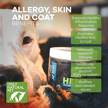 Only Natural Pet Allergy, Skin & Coat Hemp Soft Chews - Allergy Immune Bites for Dogs, Omega 3 Supplement, Hemp Oil - Calming Treats for Itchy Skin Relief, Hot Spot - (60 Count) (AL.)