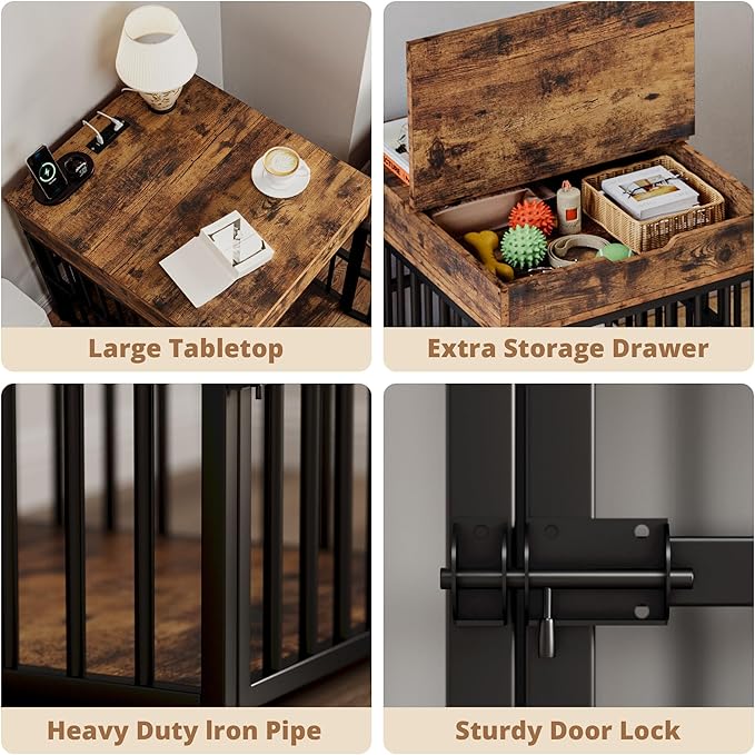 IRONCK Dog Crate Furniture for Small Dogs, Wooden Dog Kennel with Flip Top Drawer, Indoor Pet Crate End Table with Charging Station, Steel-Tube Dog Cage, Rustic Brown