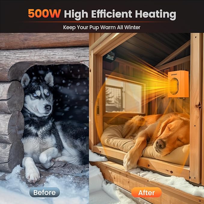 500W Dog House Heater w Thermostat, Adjustable Temp & 24H Timer Button, Outdoor Doghouse Heater for Pet Kennel, 9.8 FT Cord, Safe Animal Heated Winter for Pet Dog Cat Chicken Coop Supplies