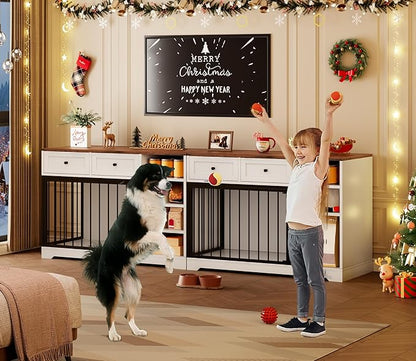 Dog Crate Furniture 47, Large Dog Crate TV Stand with 2 Drawers and 4 Shelves, Wooden Dog Kennel Indoor, Decorative Dog Cage with Storage for Large Dogs, White