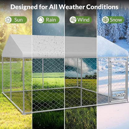 Rovibek 10x10 Ft Outdoor Dog Kennel, Outside Dog Kennel with Roof, Dog Kennels Outdoor with 2 Steel Dog Bowls, Outside Kennel for Large Dogs