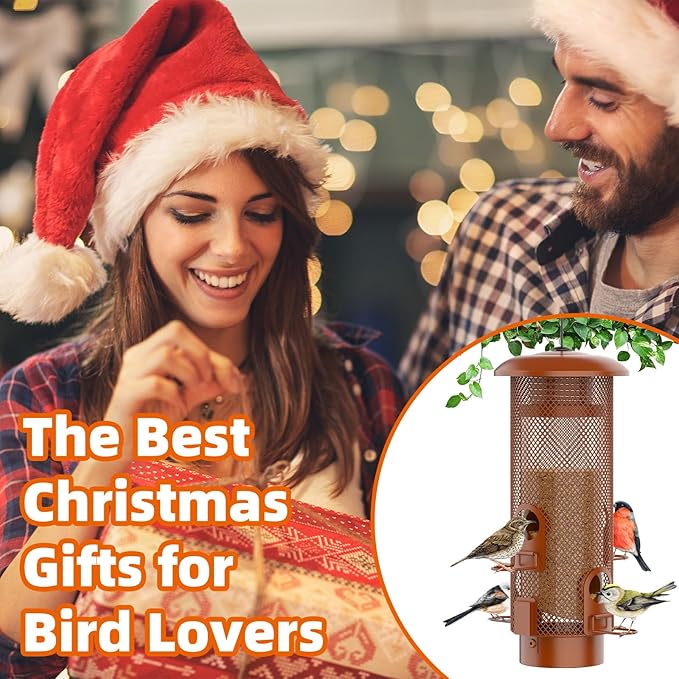 Metal Squirrel Proof Bird Feeder,Bird Feeders for Outdoors,Weight Activated Squirrel Proof Wild Bird Feeders with Finch Cardinal Chickadee,Large Capacity,Weatherproof and Durable,Reddish Brown
