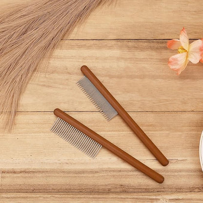 2pcs Solid Wood Grooming Combs with Wide & Narrow Rounded-Tip Steel Teeth - Metal Flea & Lice Comb for Dogs, Cats, Small & Medium Pets' Tangled Hair