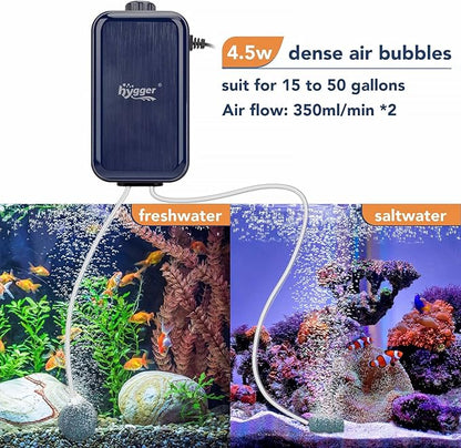 hygger Aquarium Air Pump,Adjustable Oxygen Pump，Silent Powerful Aerator Pump 2W/3W/4.5W/6W/ 1/2 Air Outlets Ultra for Up to 100 Gallon Tank