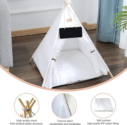 Pet Teepee, Portable Pet Tents for Small Dogs or Cats, Puppy Sweet Bed Washable Dog or Cat Houses with Cushion(White,24")