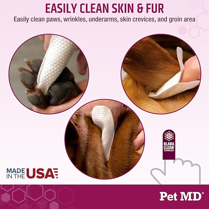 Pet MD Wrinkle Finger Wipes for Dogs & Cats - Dog Tear Stain Remover and Debris Cleaner for Skin Folds - Fragrance-Free & Hypoallergenic Grooming Wrinkle Wipes French Bulldog, Pug, and More - 50ct