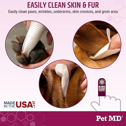Pet MD Wrinkle Finger Wipes for Dogs & Cats - Dog Tear Stain Remover and Debris Cleaner for Skin Folds - Fragrance-Free & Hypoallergenic Grooming Wrinkle Wipes French Bulldog, Pug, and More - 50ct