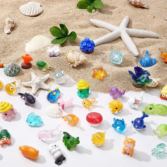 56 Pcs Ocean Mini Resin Animals Sea Tiny Animals Axolotl Seal Shark Turtle Mini Resin Figures Aquarium Ornaments Fish Tank Decorations Garden Fairy Accessories Party Favors