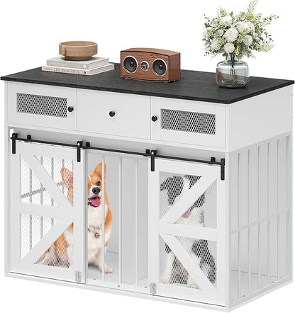 YITAHOME 48" Wooden Dog Crate Furniture with Removable Divider, Large Dog Kennel with Drawers, Double Doors & Locks Design, Dog Crate Furniture TV Stand for Medium Large Dogs