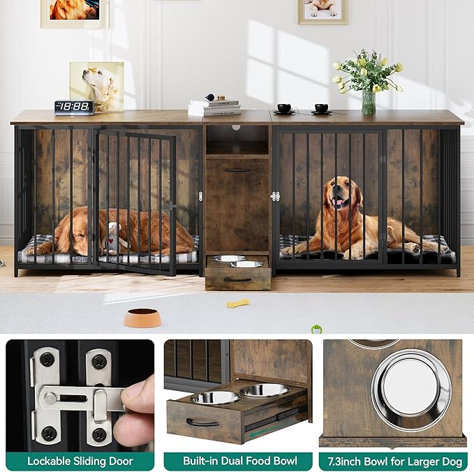 DWVO 95in Double Crate Furniture With Feeder Bowls, Wooden Large Kennel With Storage Drawer, Indoor TV Cabinet for 2 Large/Medium Dogs, Brown