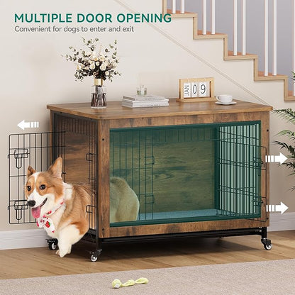 YITAHOME YITAHOME Dog Kennel Furniture with Wheels, Wooden Dog Crate Furniture with Cushion, Dog Crate End Table with Tray, 38" Dog Cage with Double Doors for Small/Medium Dog (Rustic Brown)