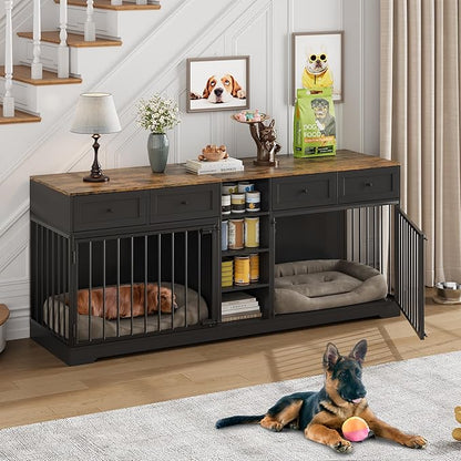 82 Double Dog Crate Furniture, Large Dog Kennel Indoor for 2 Dogs, Heavy Duty Wooden Dog Crate TV Stand with 4 Drawers and Shelves, Black