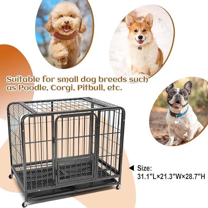 31inch Indestructible Metal Dog Crates for Small/Medium Dogs, Heavy Duty Escape Proof Dog Kennel Indoor with Lockable Wheels, High Anxiety Double Door with Removable Tray 31" L x 21.3" W x 28.7" H