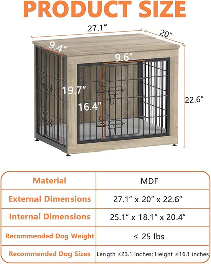 Piskyet Dog Crate Furniture with Cushion,Heavy-Duty Reinforced Metal Mesh,27" Wooden Dog Crate End Table with Double Doors,Indoor Dog Kennel,Dog Cage Side Table for Small Breed,Grey