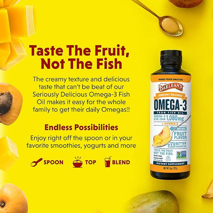 Barlean's Mango Peach Omega 3 Fish Oil Supplements - 1080mg of EPA/DHA, 600 IU Vitamin D3 for Brain, Heart, Joint, & Immune Health - Non GMO, Gluten Free, All-Natural Fruit Smoothie - 8-Ounce