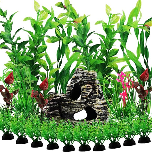 Fish Tank Accessories Aquarium Decorations Rock Plants, 20pcs Green Fish Tank Decorations Plants and Cave Rock Decoration Decor Set, Fish Tank Decor, Aquarium Decor Plastic Plants