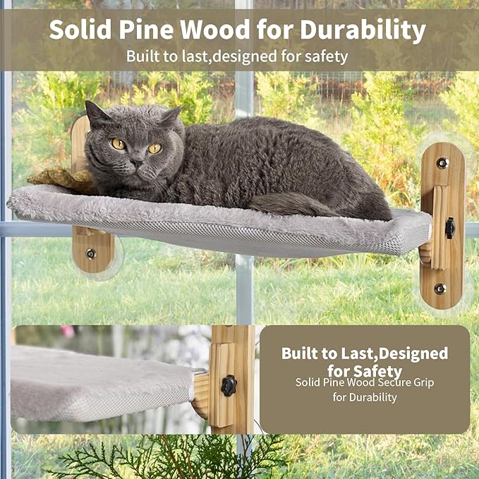 Cat Window Perch, Cordless Foldable Cats Hammock Bed with Wooden Frame Suction Cups, Removable Soft Cover Windowsill Seat for Indoor Cats Pet Shelf (20X11 inch)