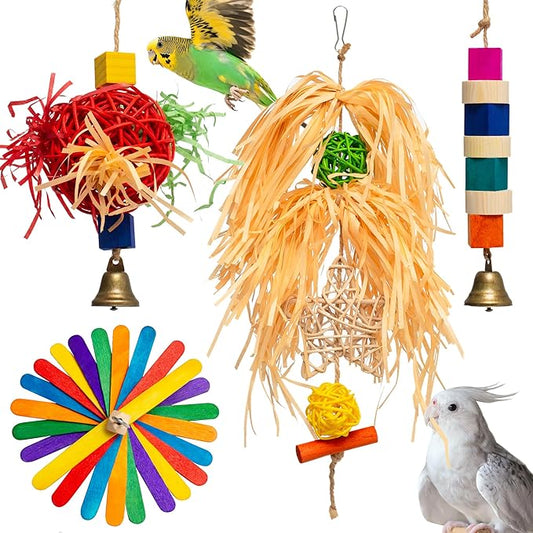 4-in-1 Hanging Bird Toy Set - Raffia Chew Balls, Wood Blocks & Bells for Foraging - Small Parrot Cage Toys for Conures, Lovebirds Under 150g (30-Day Play Guarantee)