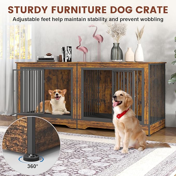 75 Inch Dog Crate Furniture, 3-in-1 Large Double Dog Crate with Trays and Divider, Doubled Dog Kennel Furniture Indoor, Dog Crate TV Stand for 2 Dogs (Brown)