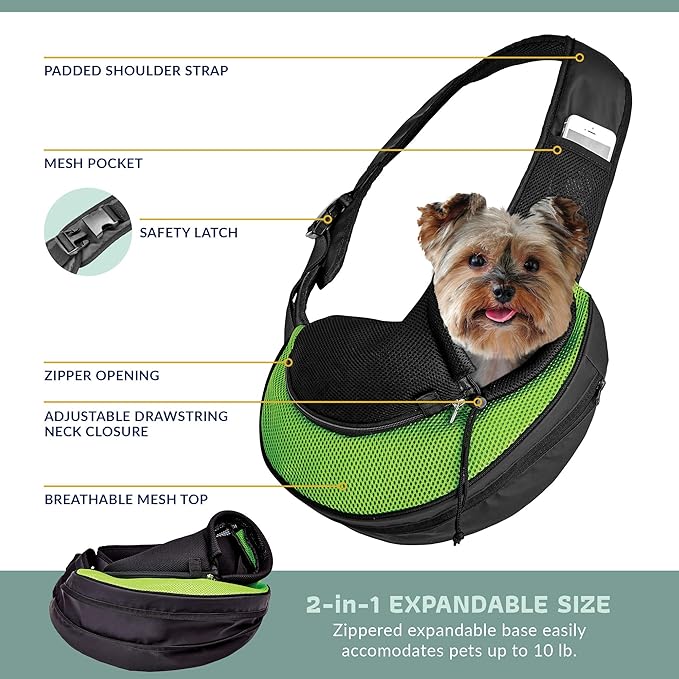 Expandable Pet Carrier Sling Bag - Small Dog, Puppy and Cat Carrier Front Shoulder Backpack w/Harness Strap - Carrying Pouch for ESA, Animal Travel - PU Leather Bottom, Mesh Pocket by Katziela (Green)
