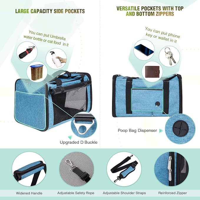 YUDODO 25 lbs Lightproof Pet Carriers Airline Approved Dog Cat Travel Soft Sided Carrier Reflective Mesh Safe Pet Cat Carrier Foldable Portable Small Animal Rabbit Puppy Cat Carrier (Large, Lake blue)