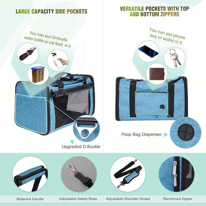 YUDODO 25 lbs Lightproof Pet Carriers Airline Approved Dog Cat Travel Soft Sided Carrier Reflective Mesh Safe Pet Cat Carrier Foldable Portable Small Animal Rabbit Puppy Cat Carrier (Large, Lake blue)